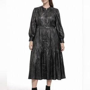 La Joie Metallic Black Dress Size 12 Long Sleeve Button Front Tiered Pockets